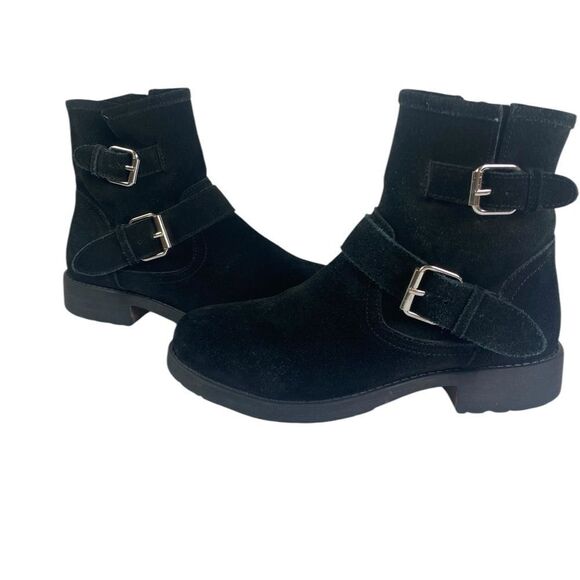 Steve Madden 7.5 Alick black suede moto boots w/buckles and low heel - Picture 1 of 6